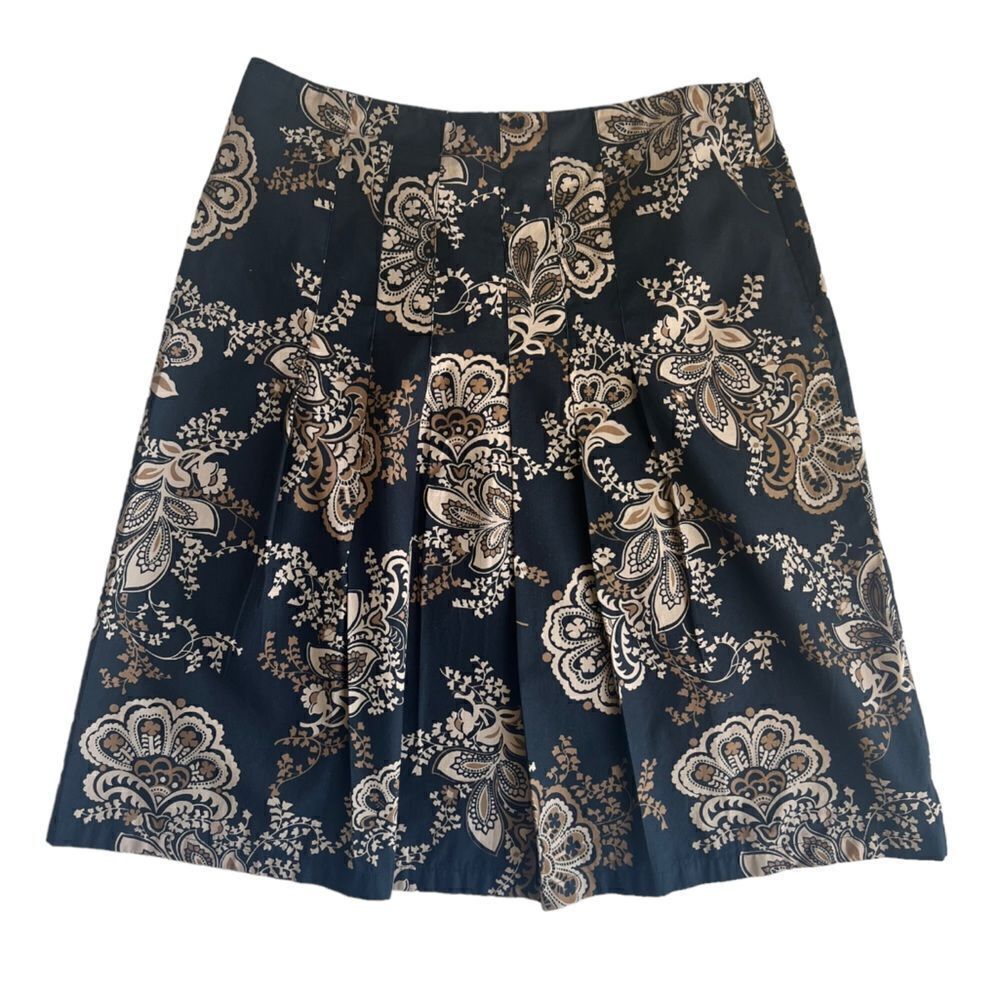Harold's Navy Blue Tan Pleated Floral Pattern A-Line 100% Cotton Sum Skirt sz 12